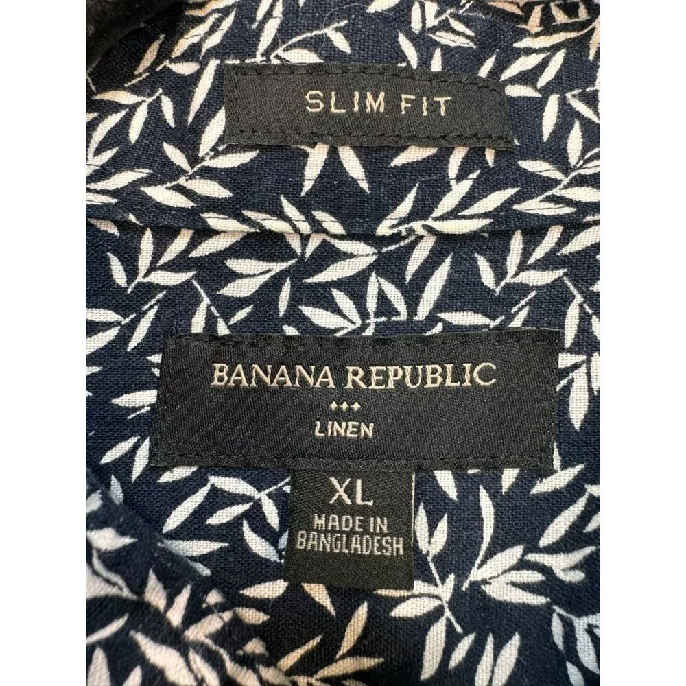 Banana Republic Slim Fit XL Navy & White Leaf Print Linen Blend Long Sleeve Butt